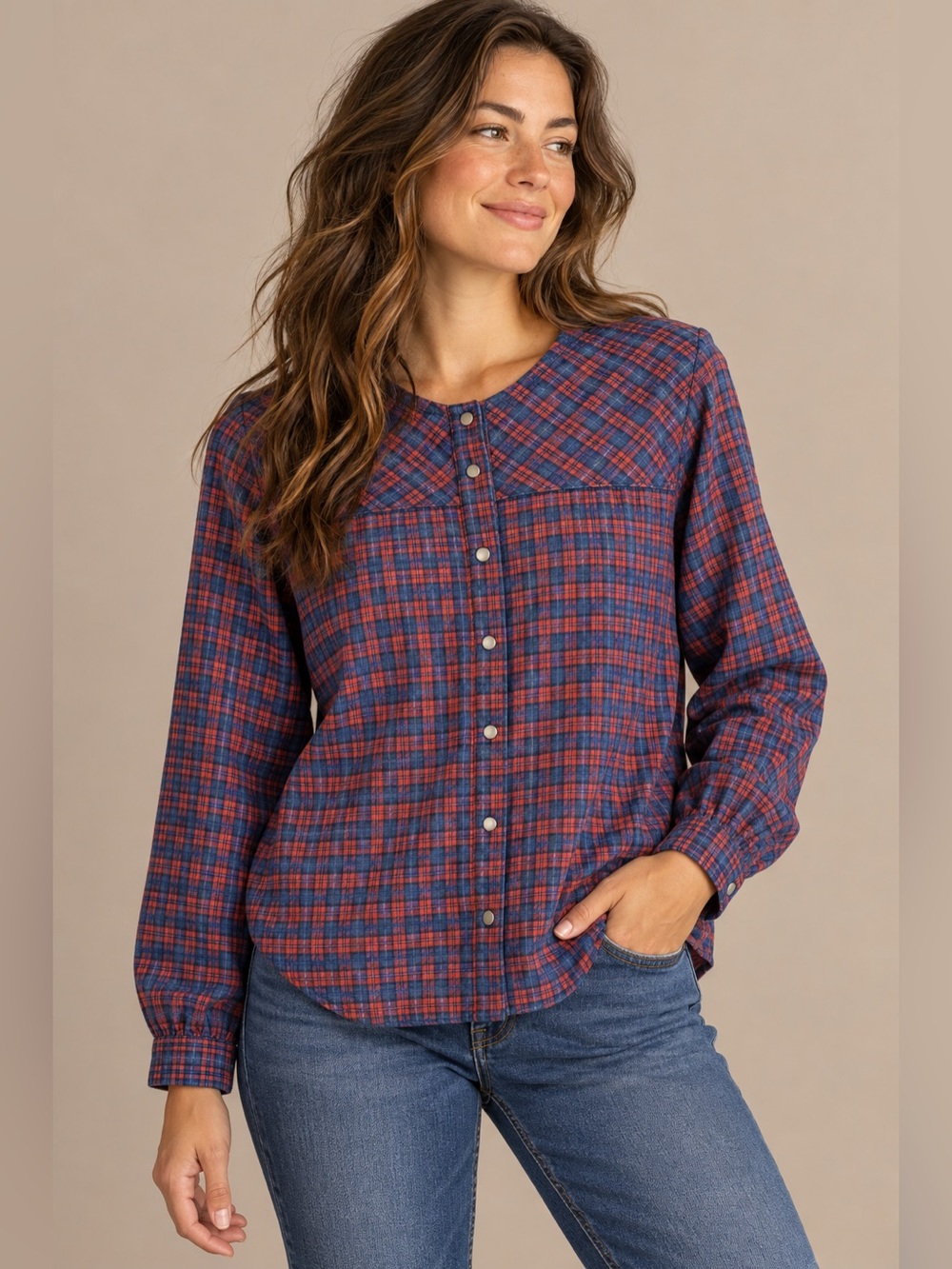 Aventura Women’s Medium Blue Red Plaid Flannel Snap Front Long Sleeve Shirt